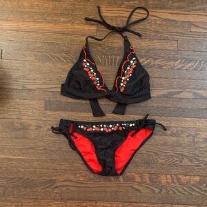 Black and Red Floral Bikini Set